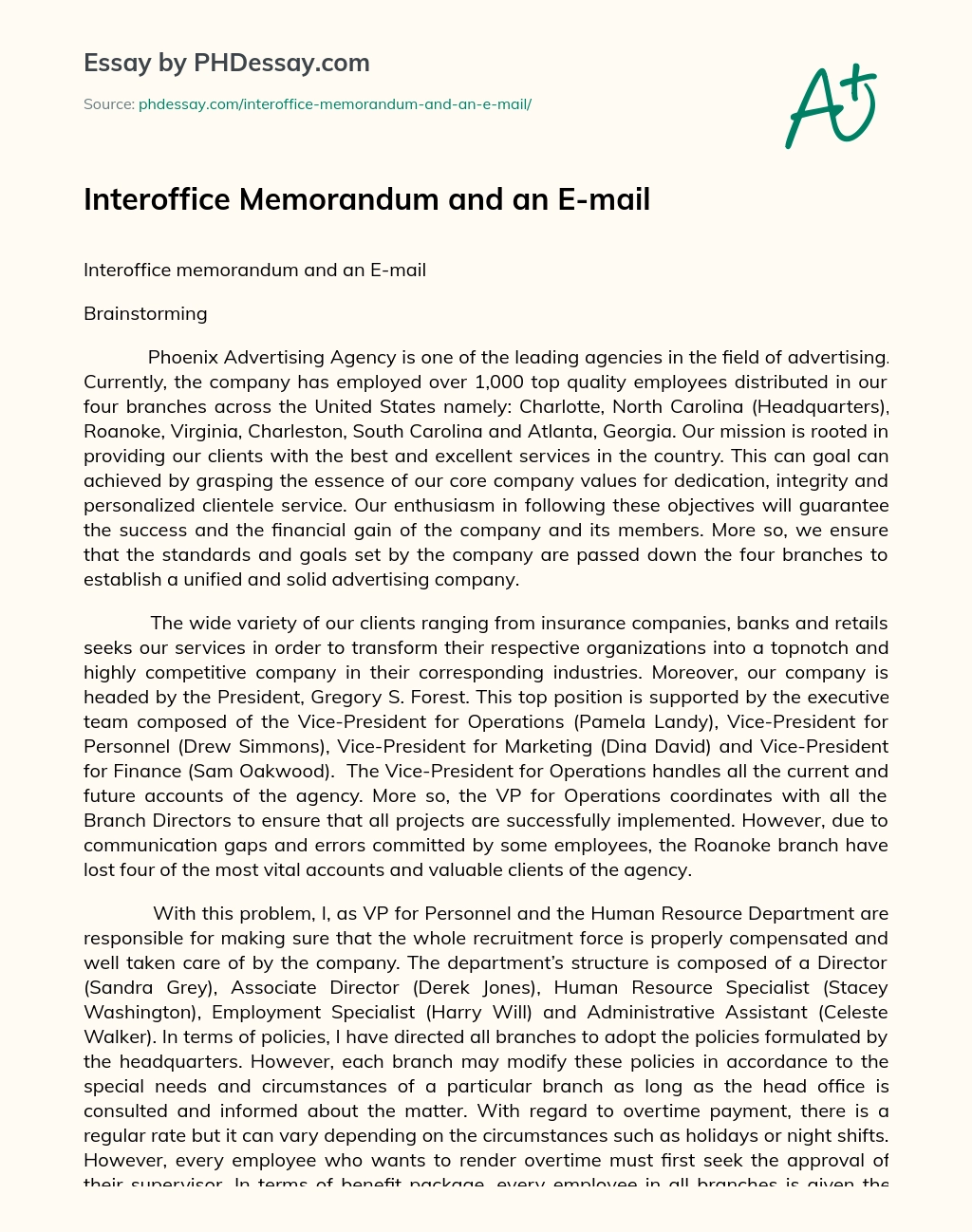 Interoffice Memorandum and an E-mail essay
