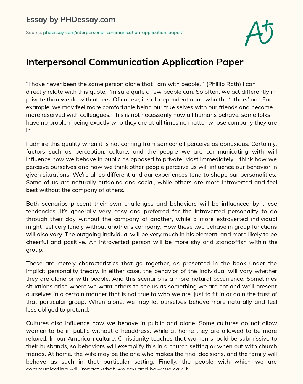Interpersonal Communication Application Paper essay