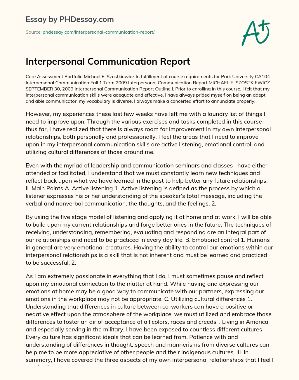 Interpersonal Communication Report essay