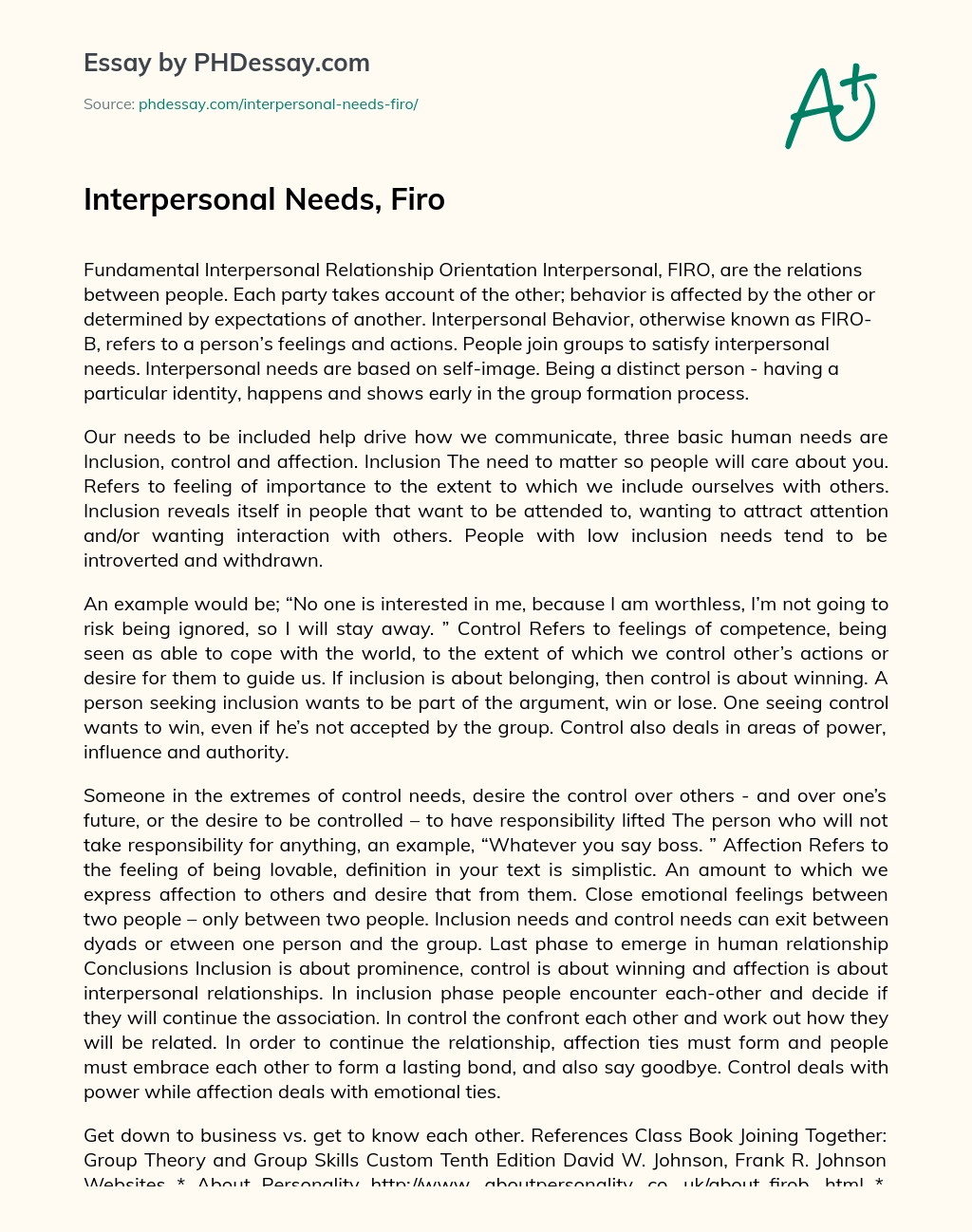 Interpersonal Needs, Firo essay