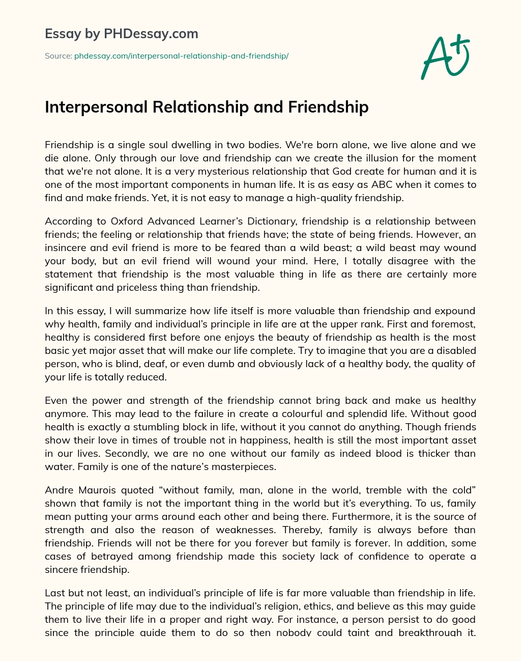Interpersonal Relationship and Friendship essay