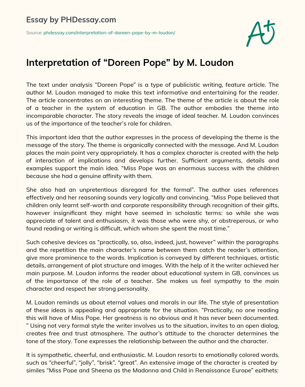 ﻿Interpretation of “Doreen Pope” by M. Loudon essay