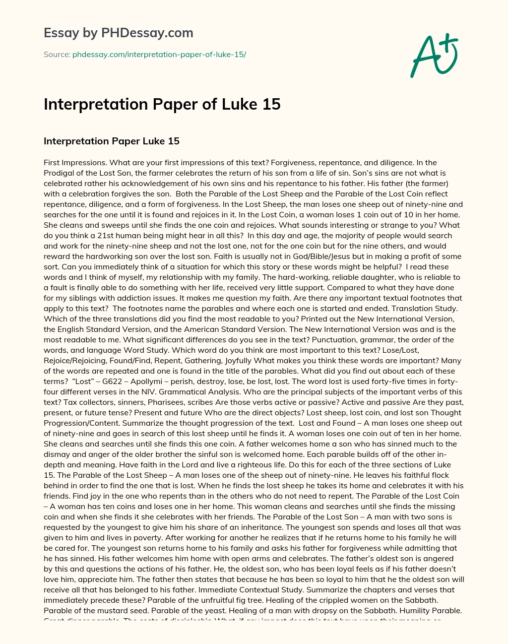 Interpretation Paper of Luke essay