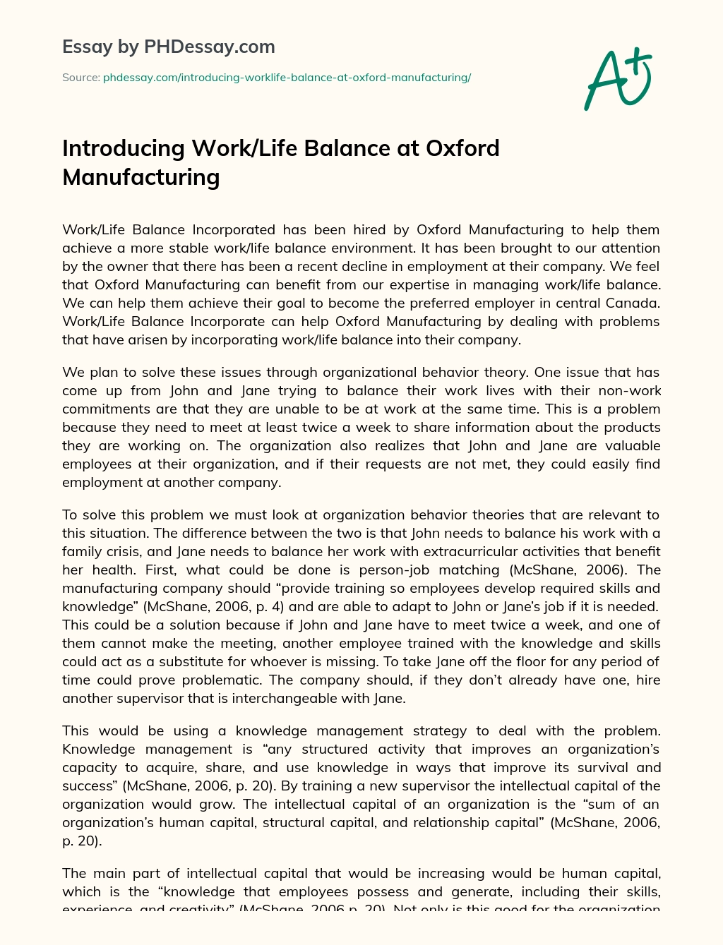 Introducing Work/Life Balance at Oxford Manufacturing essay
