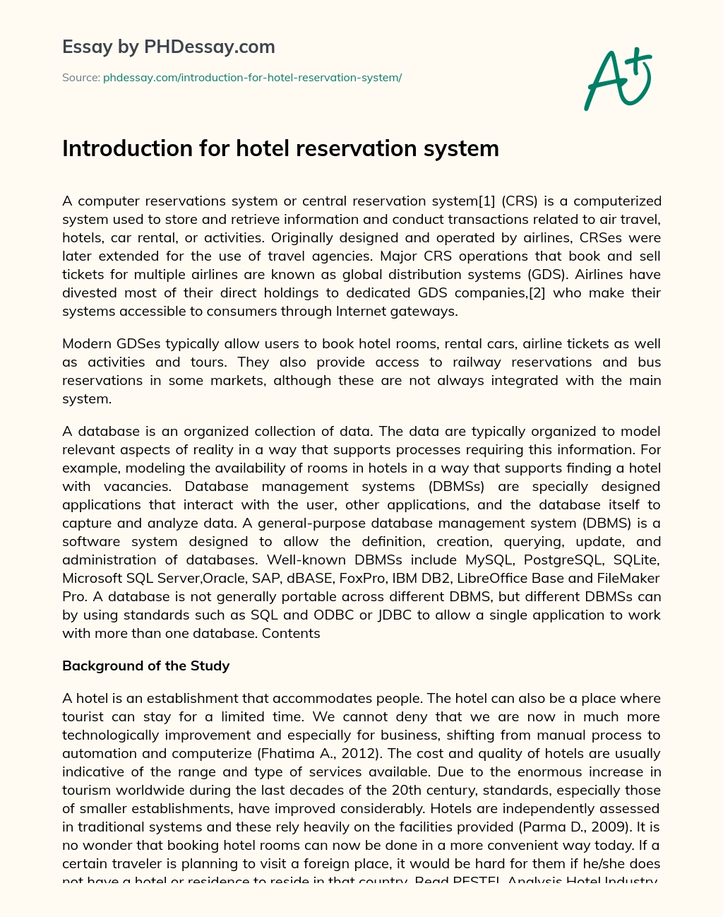 Introduction for Hotel Reservation System essay