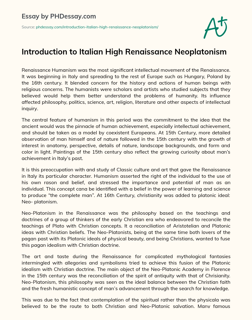 Introduction to Italian High Renaissance Neoplatonism essay