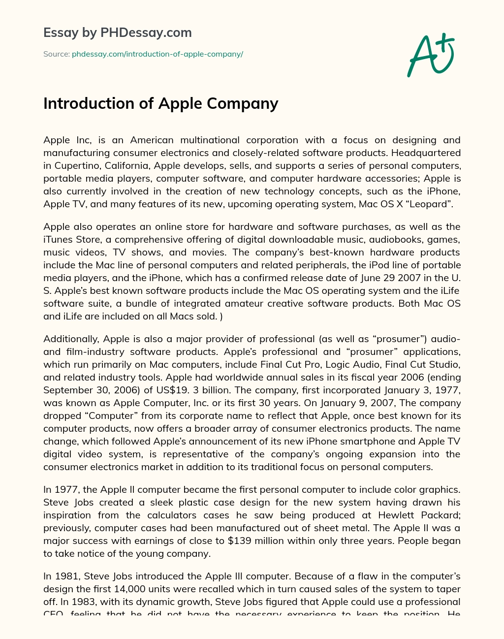 Introduction of Apple Company essay