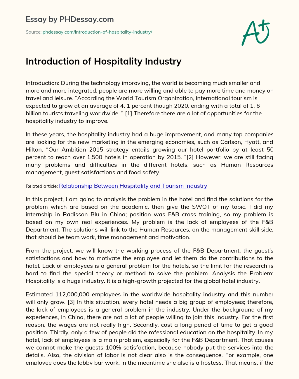 Introduction of Hospitality Industry essay