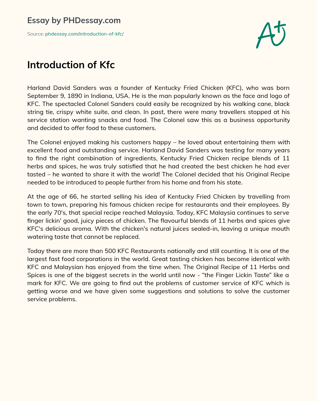 Introduction of Kfc essay