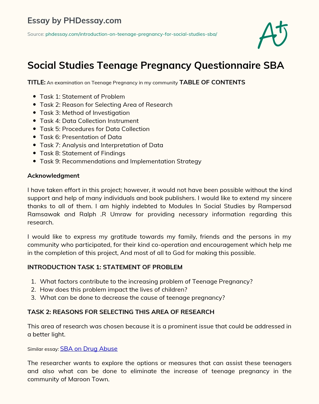 Social Studies Teenage Pregnancy Questionnaire SBA essay