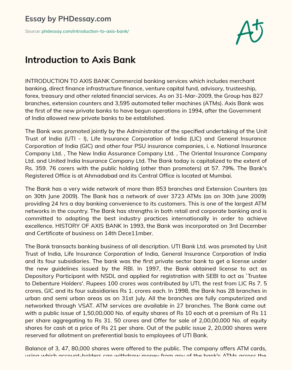 Introduction to Axis Bank essay