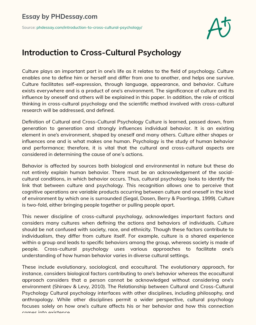 Introduction to Cross-Cultural Psychology essay