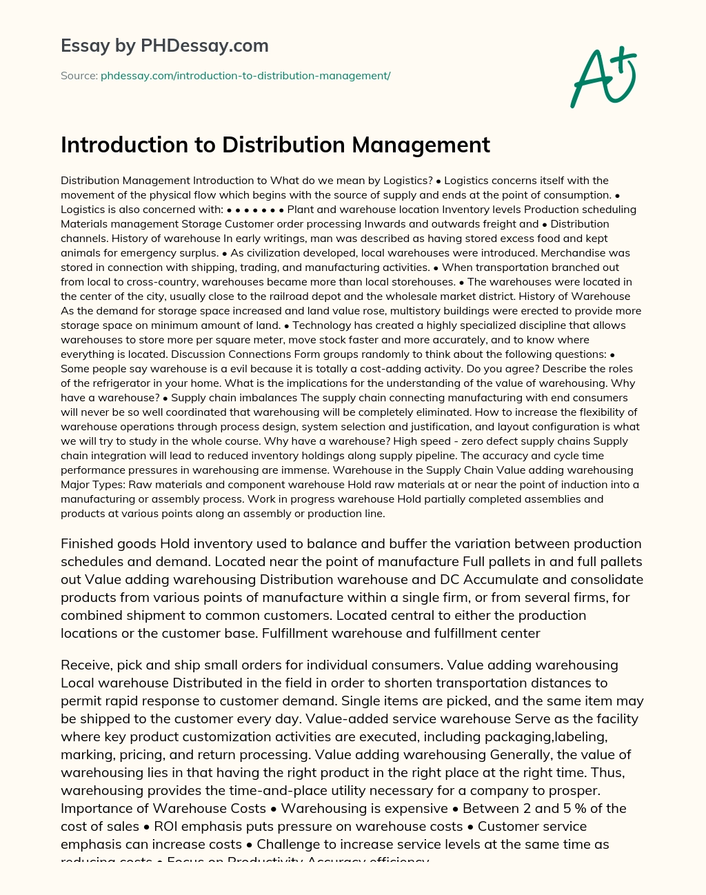 Introduction to Distribution Management essay