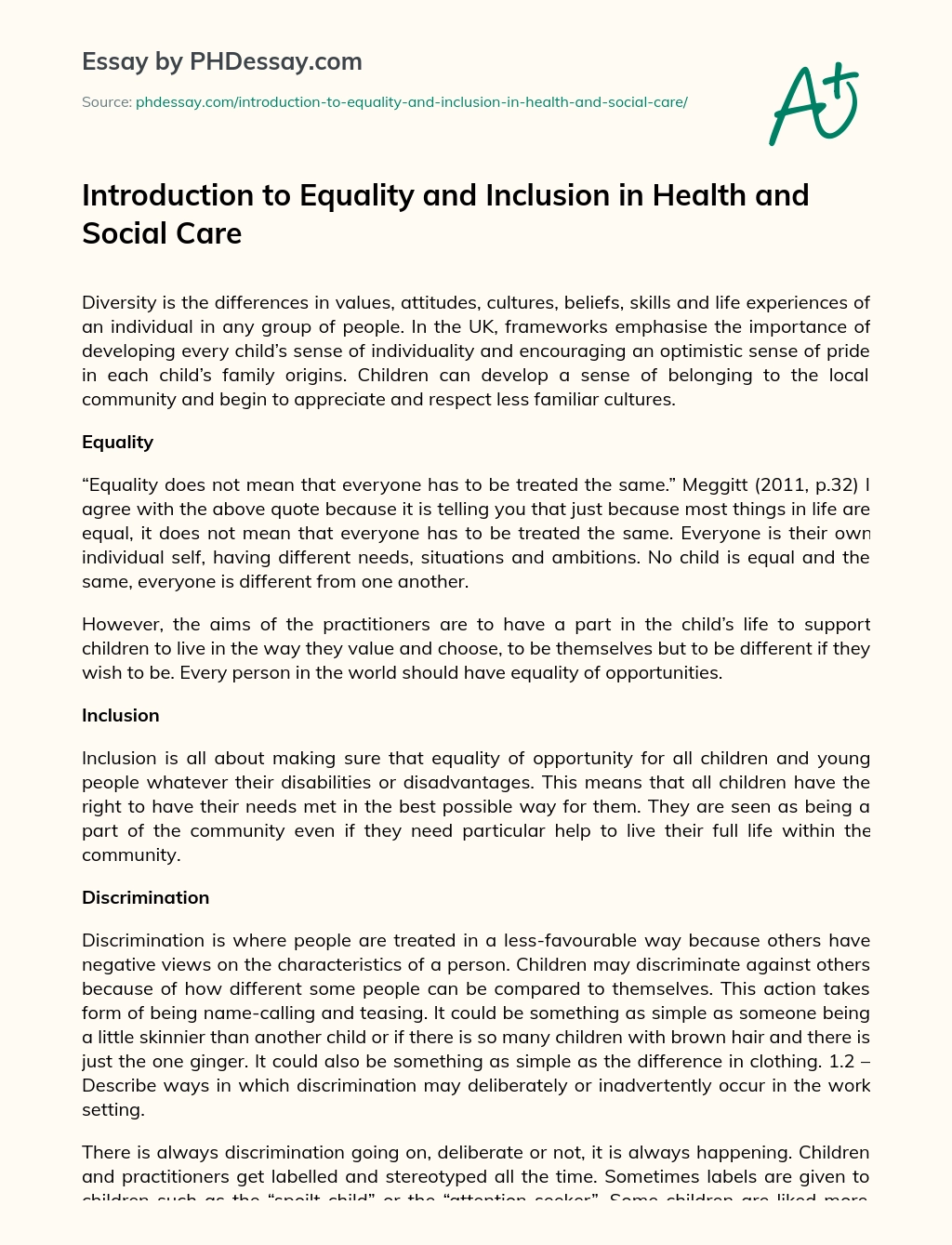 Introduction to Equality and Inclusion in Health and Social Care essay