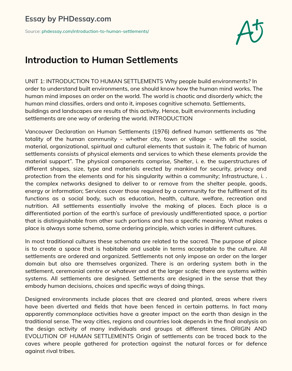 Introduction to Human Settlements essay
