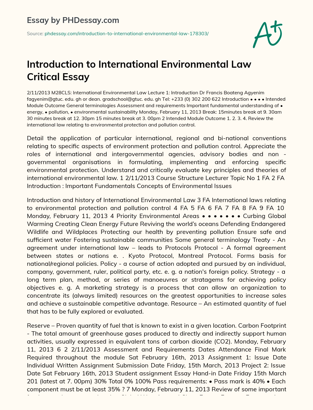 Introduction to International Environmental Law Critical Essay essay