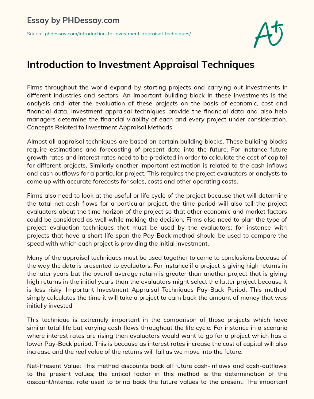 Introduction to Investment Appraisal Techniques essay