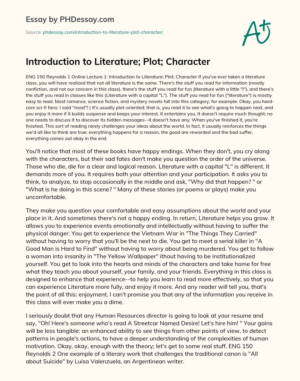 Introduction to Literature; Plot; Character essay