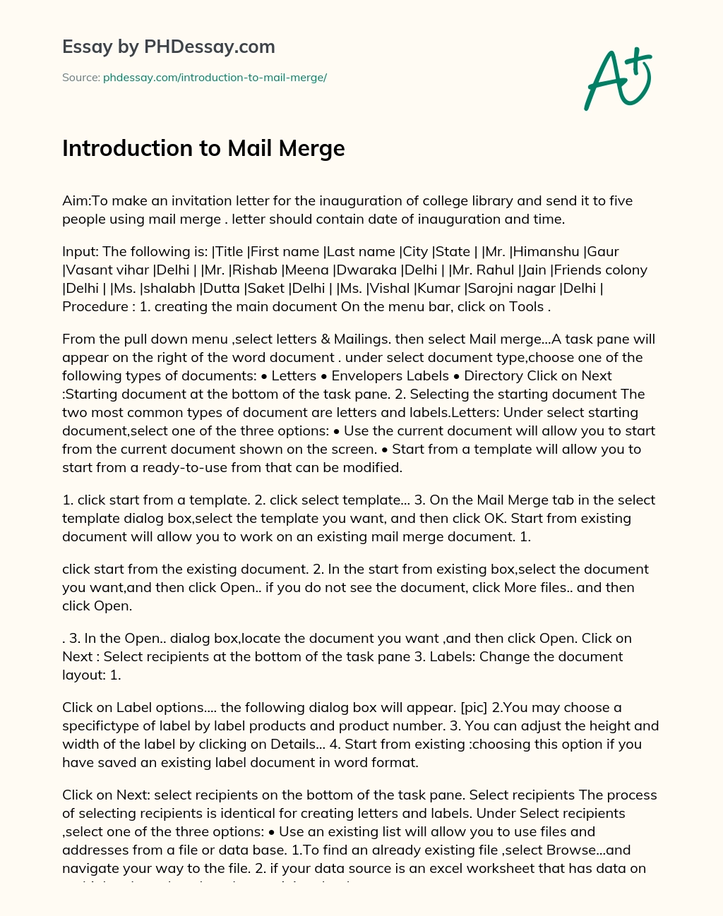 Introduction to Mail Merge essay