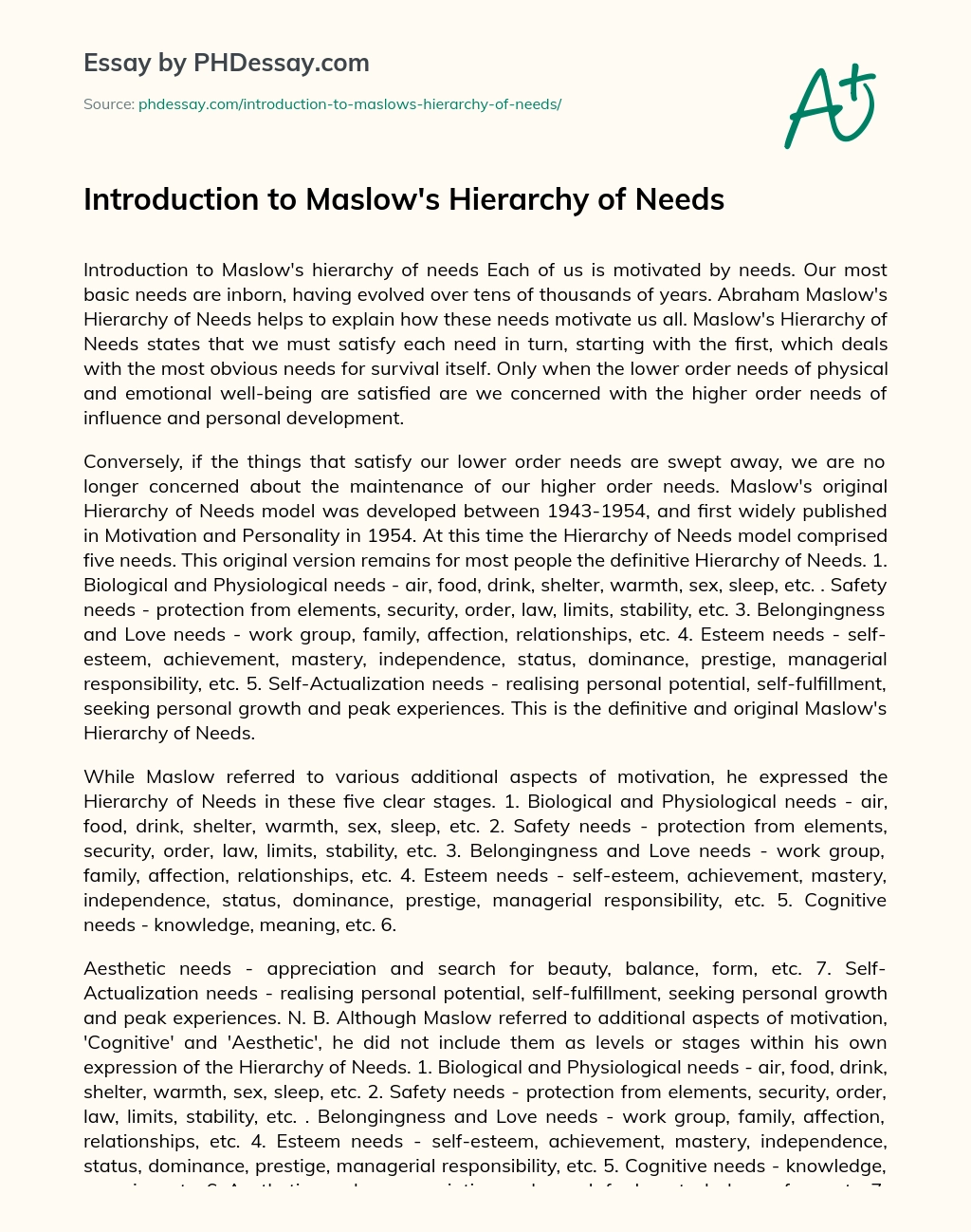 Introduction to Maslow’s Hierarchy of Needs essay
