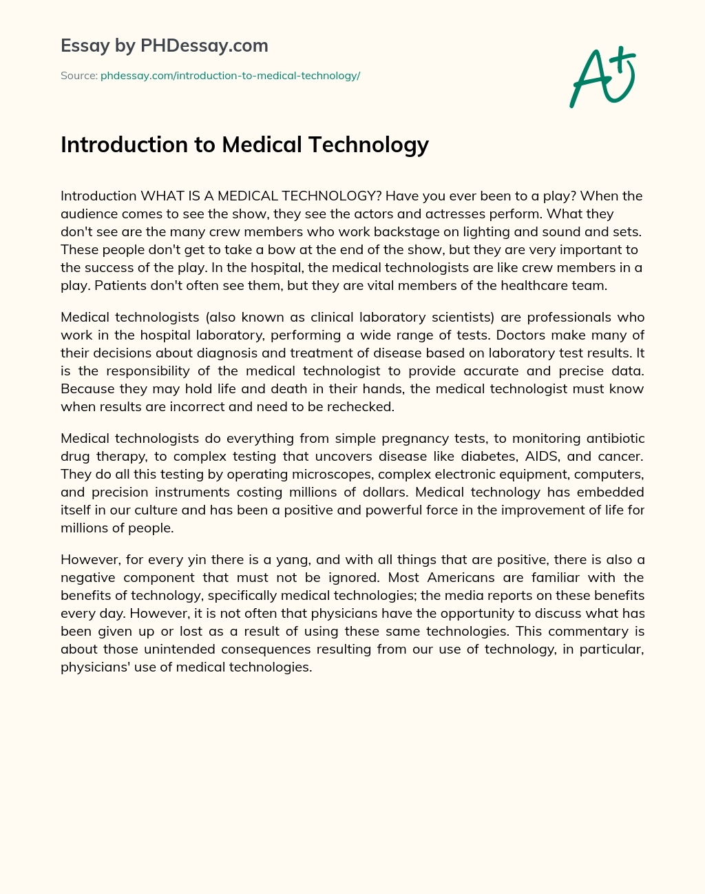 Introduction to Medical Technology essay