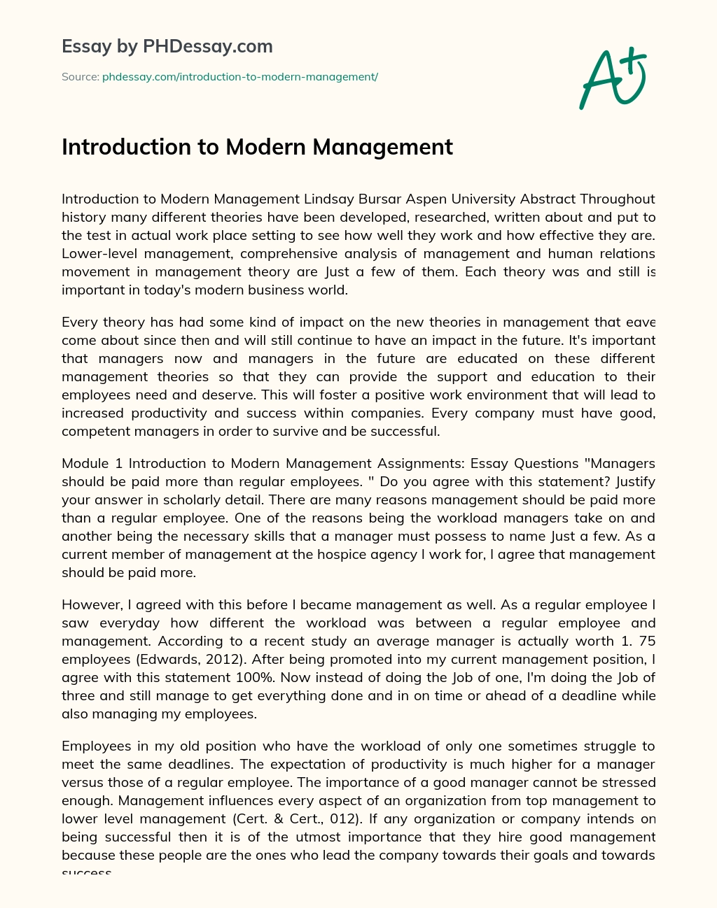 Introduction to Modern Management essay