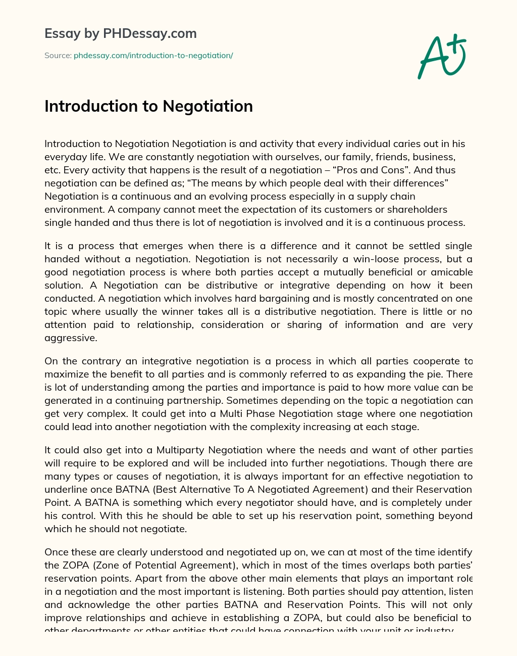 Introduction to Negotiation : BATNA essay
