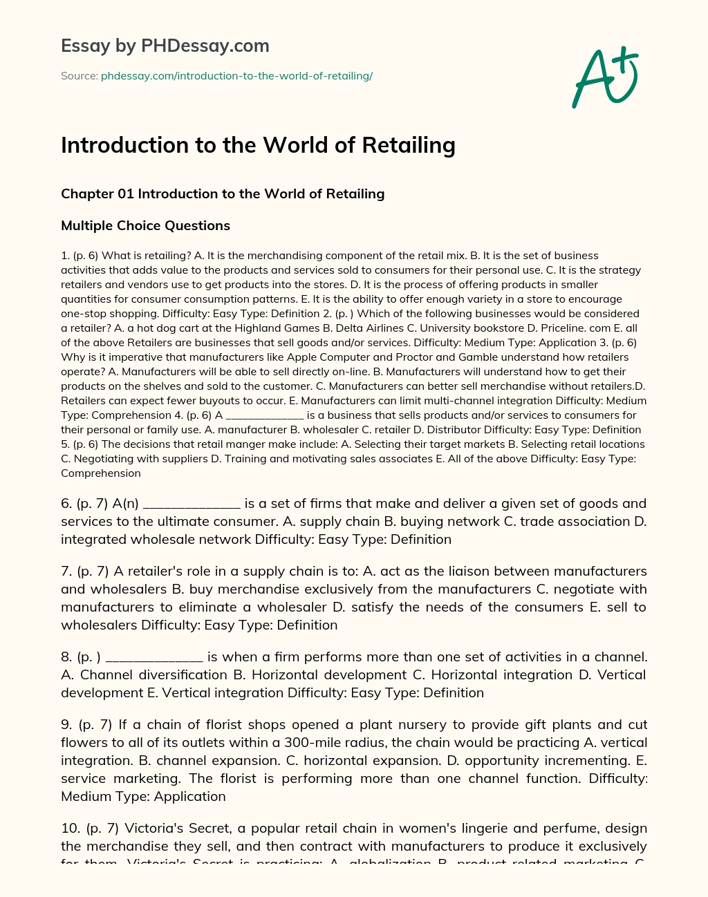 Introduction to the World of Retailing essay