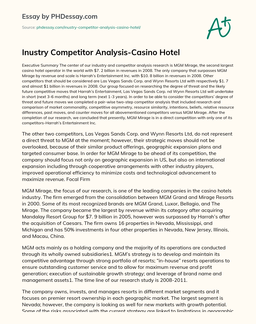 Inustry Competitor Analysis-Casino Hotel essay