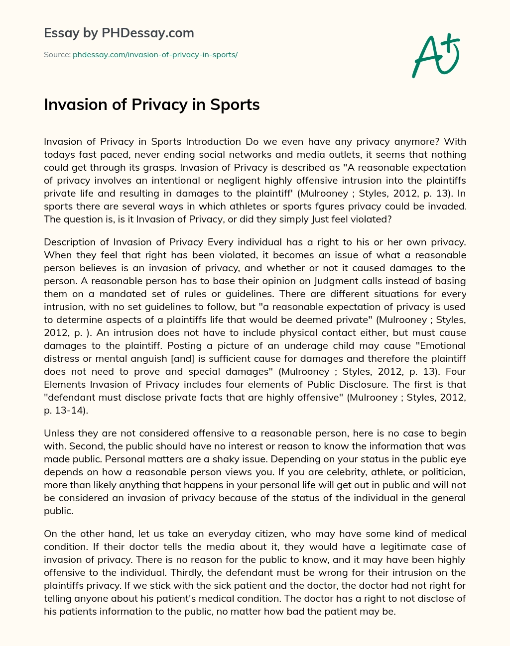 Invasion of Privacy in Sports essay