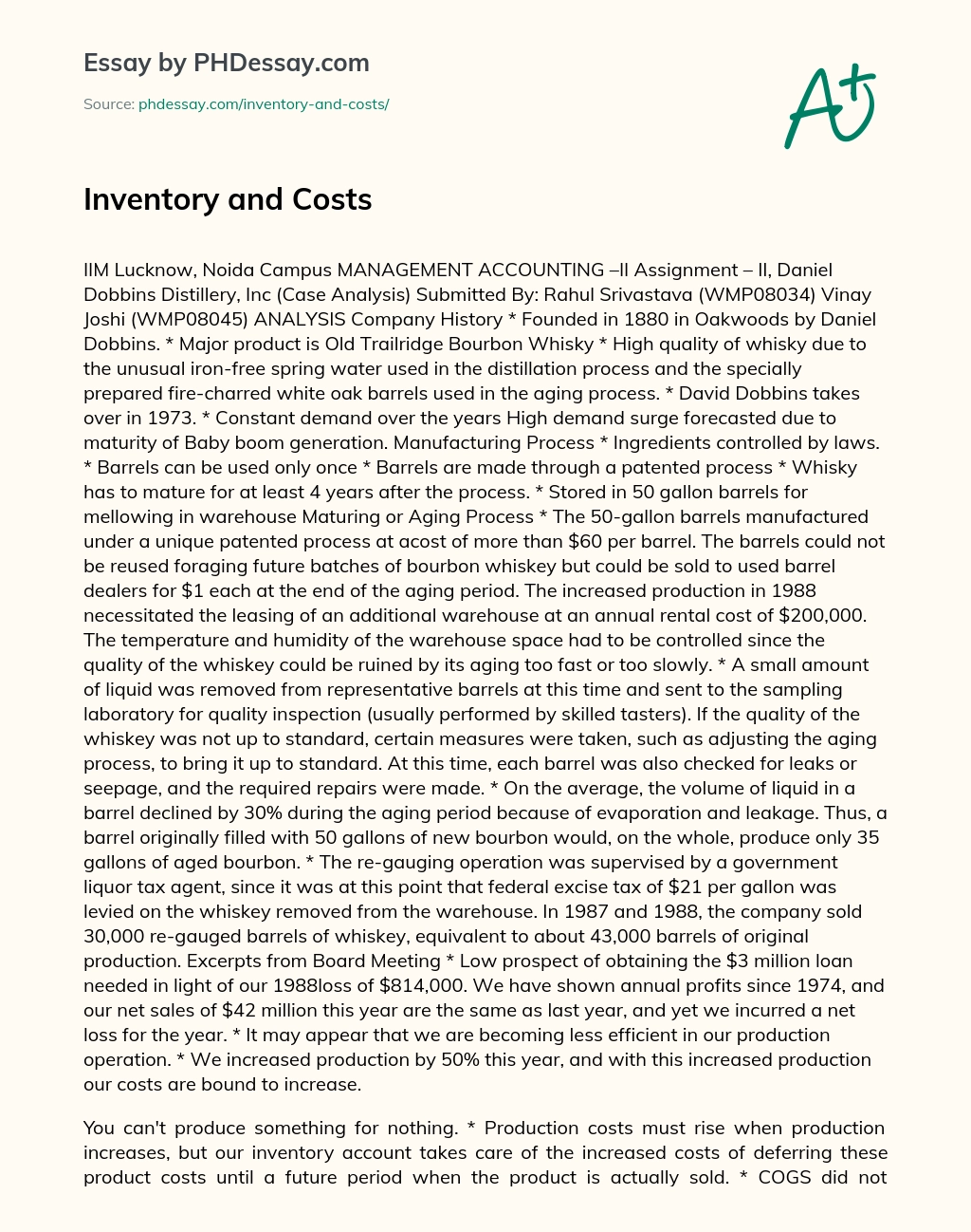 Inventory and Costs essay