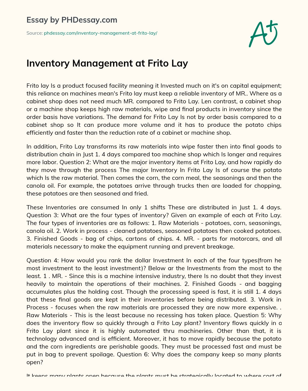 Inventory Management at Frito Lay essay