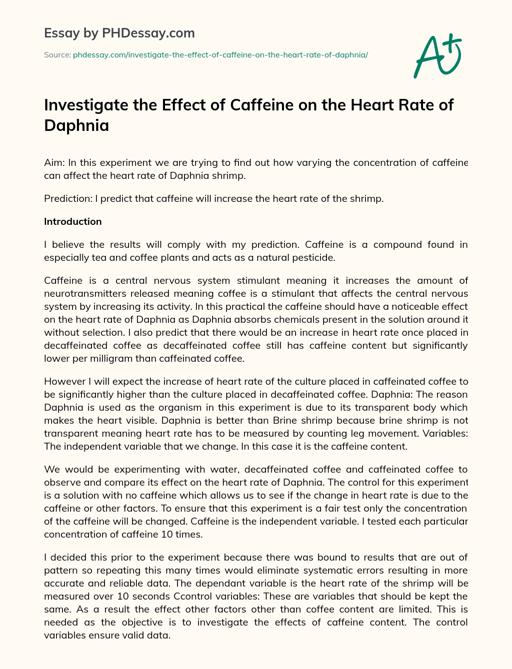 Investigate the Effect of Caffeine on the Heart Rate of Daphnia essay