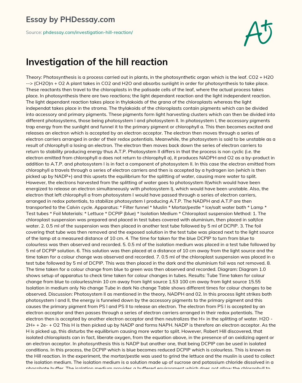 Investigation of the hill reaction essay