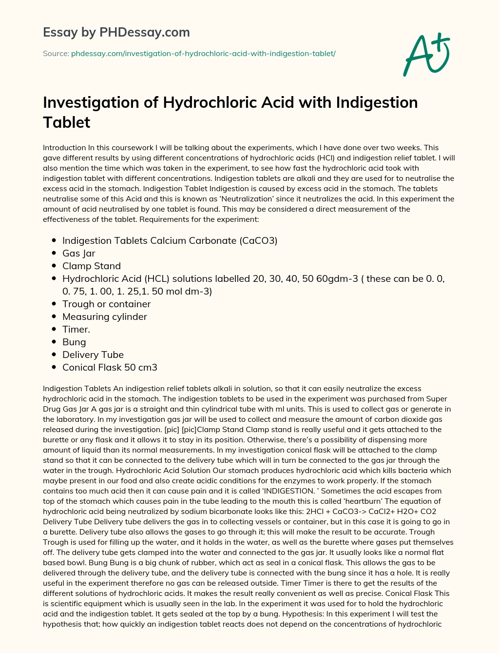 Investigation of Hydrochloric Acid with Indigestion Tablet essay