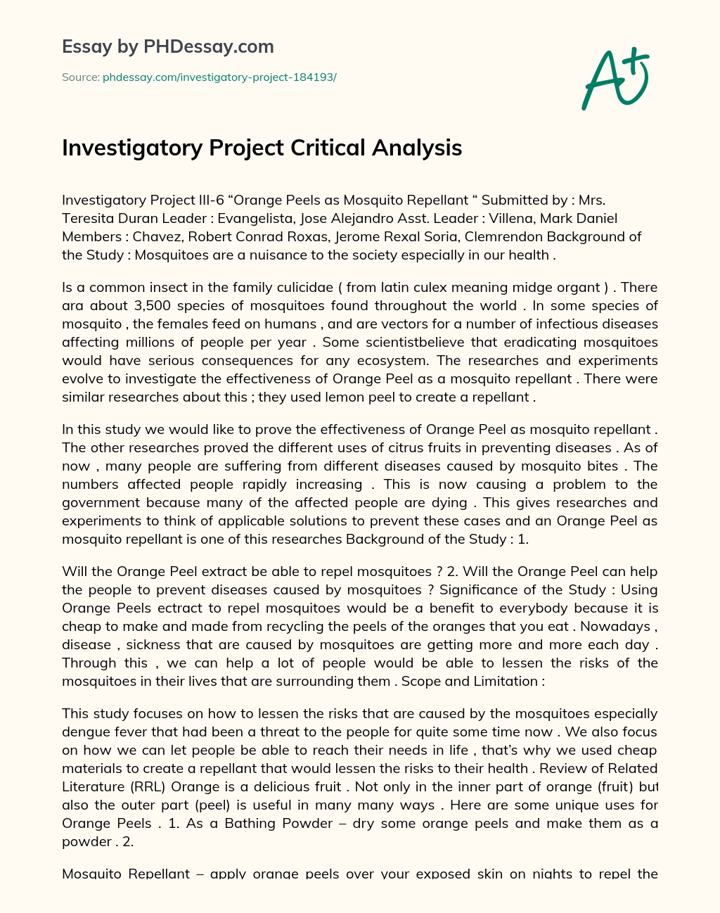 Investigatory Project Critical Analysis essay