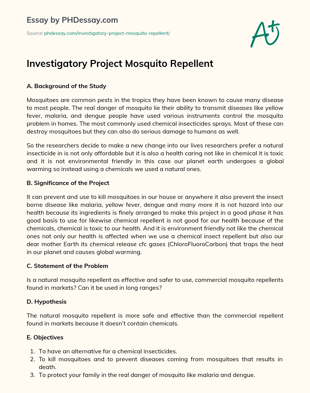 Investigatory Project Mosquito Repellent essay