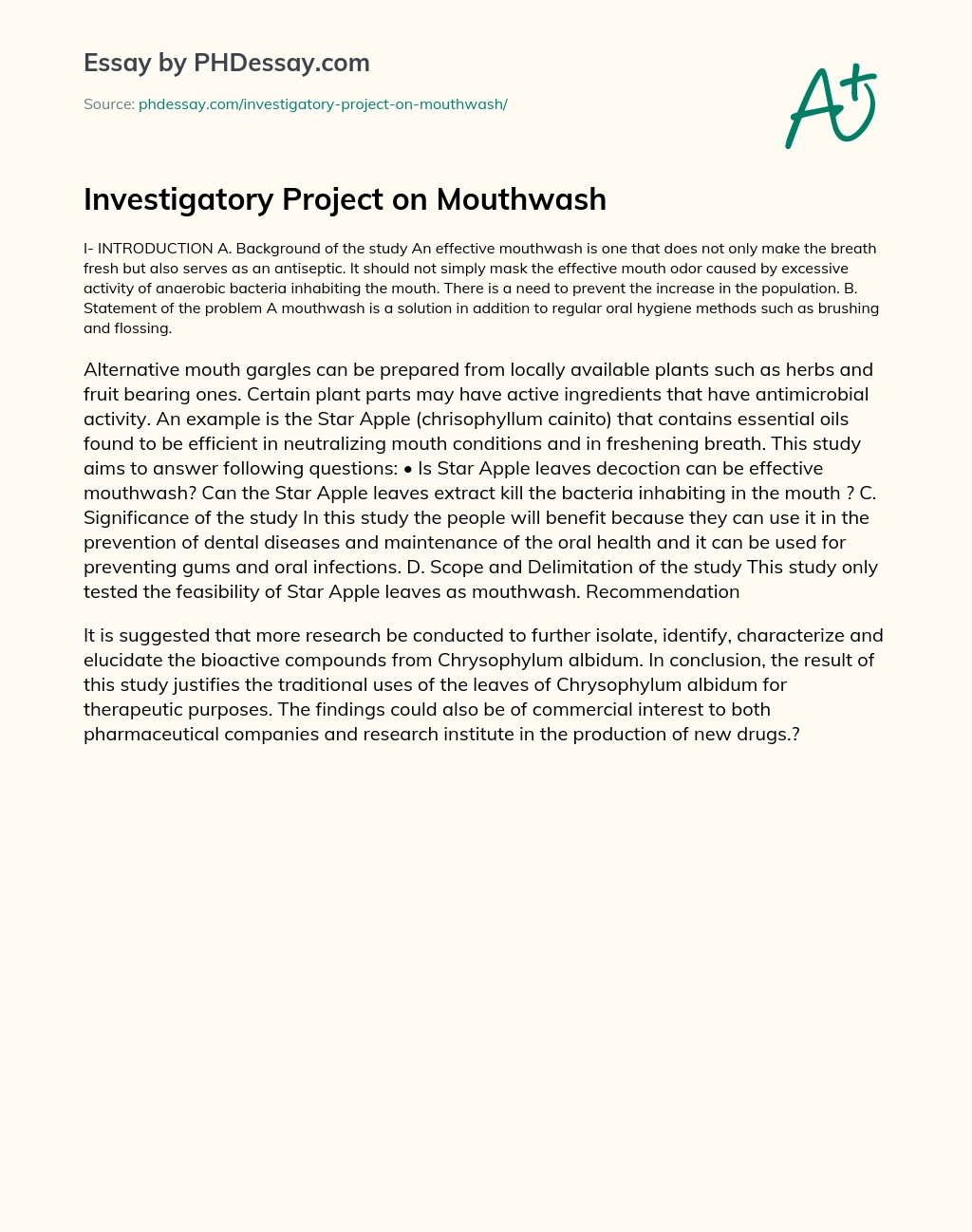 Investigatory Project on Mouthwash essay