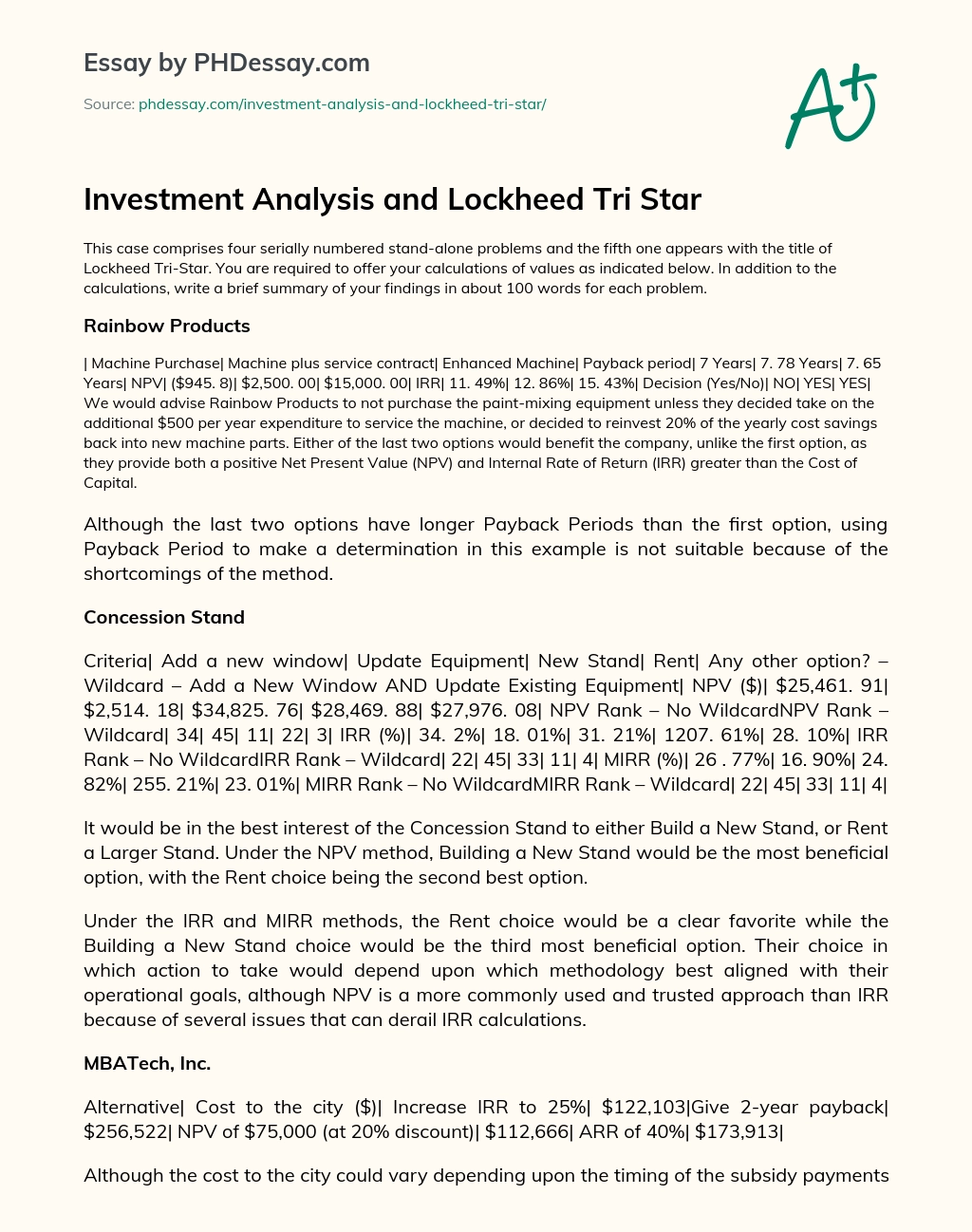 Investment Analysis and Lockheed Tri Star essay