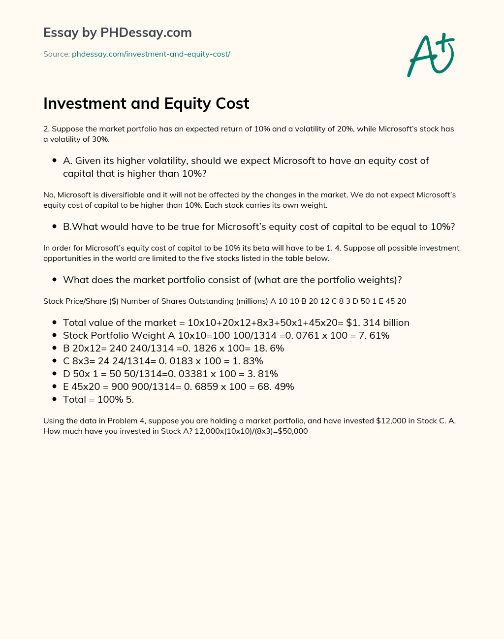 Investment and Equity Cost essay