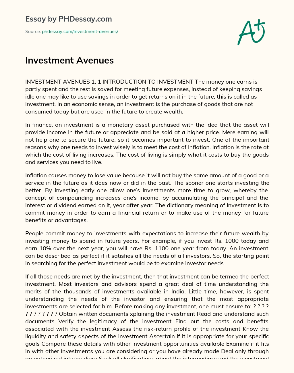 Investment Avenues essay