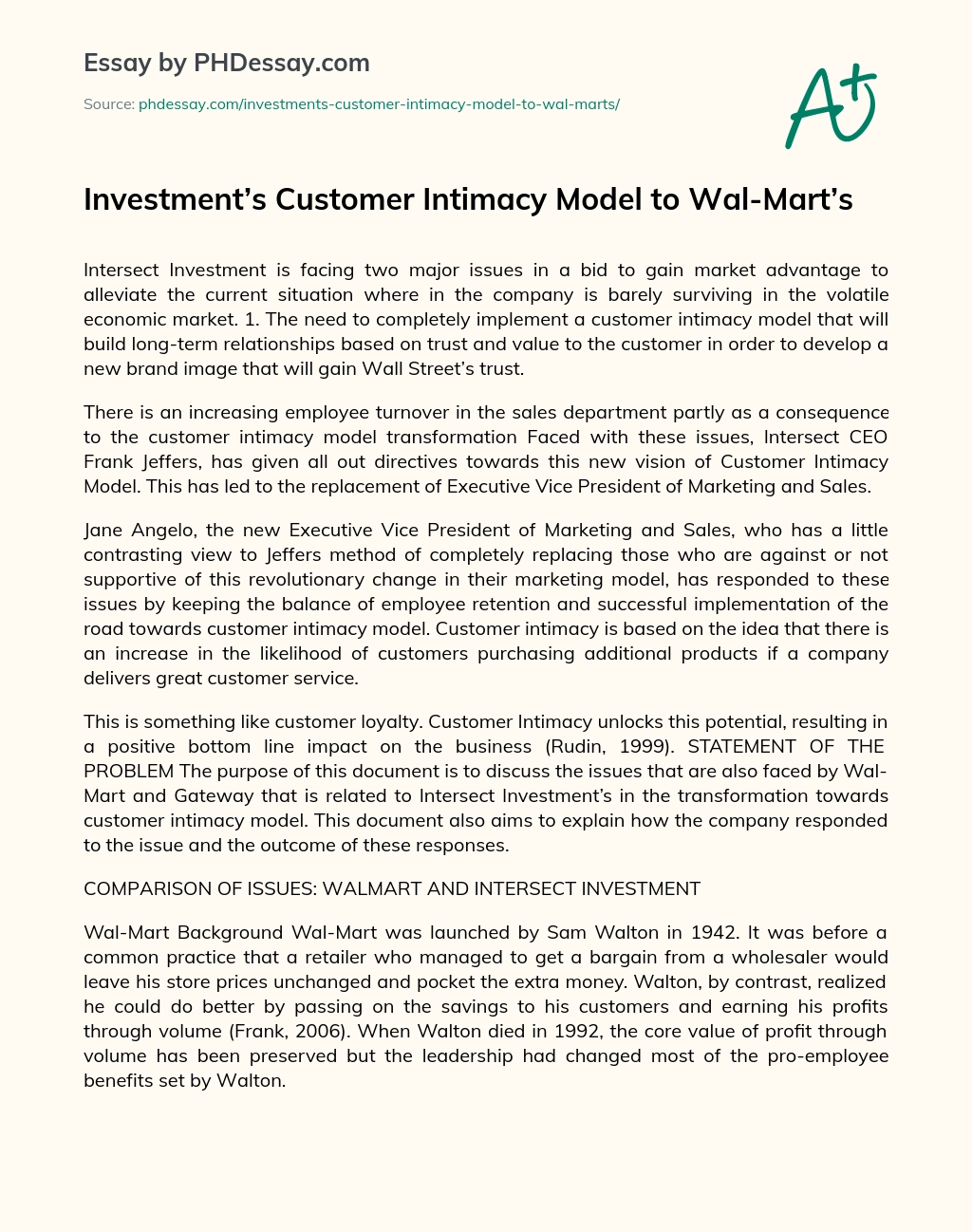 Investment’s Customer Intimacy Model to Wal-Mart’s essay
