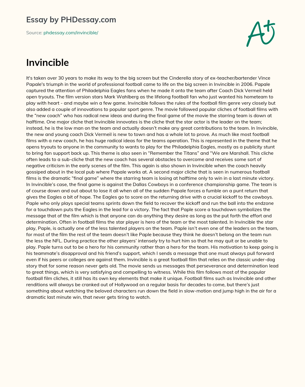Invincible: The Cinderella Story of Vince Papale’s Football Triumph essay