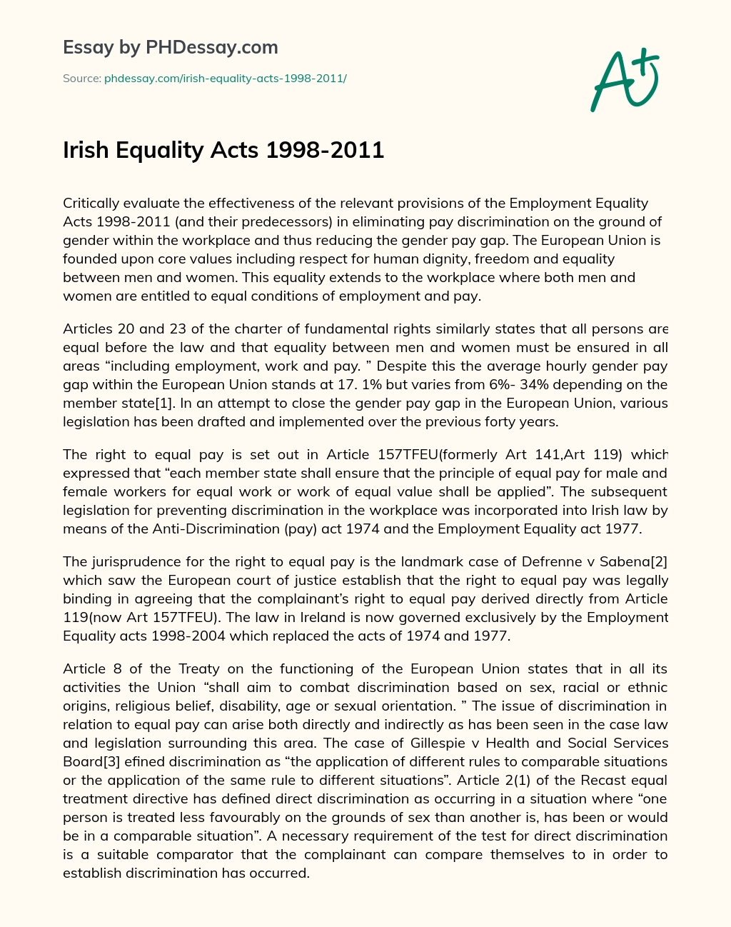 Irish Equality Acts 1998-2011 essay