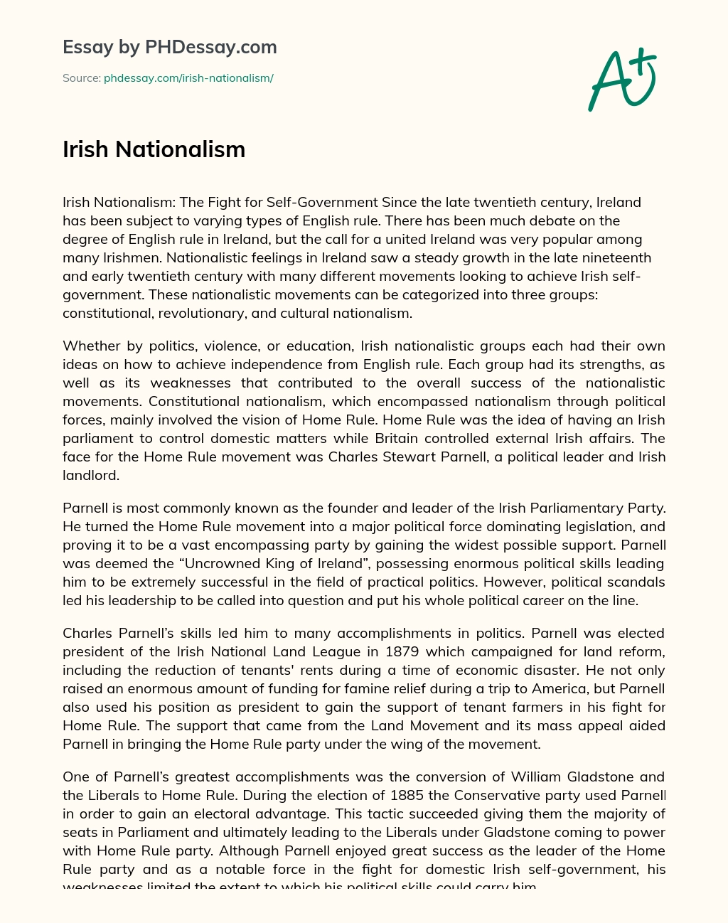 Irish Nationalism :The Fight for Self-Government essay