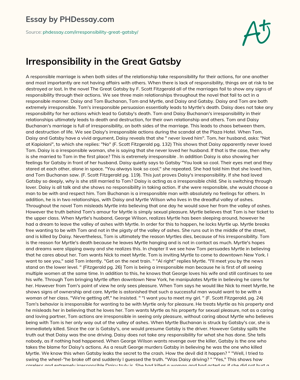 Irresponsibility in the Great Gatsby essay