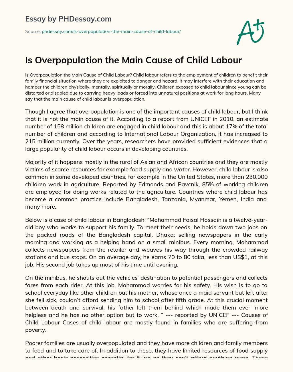Is Overpopulation the Main Cause of Child Labour essay