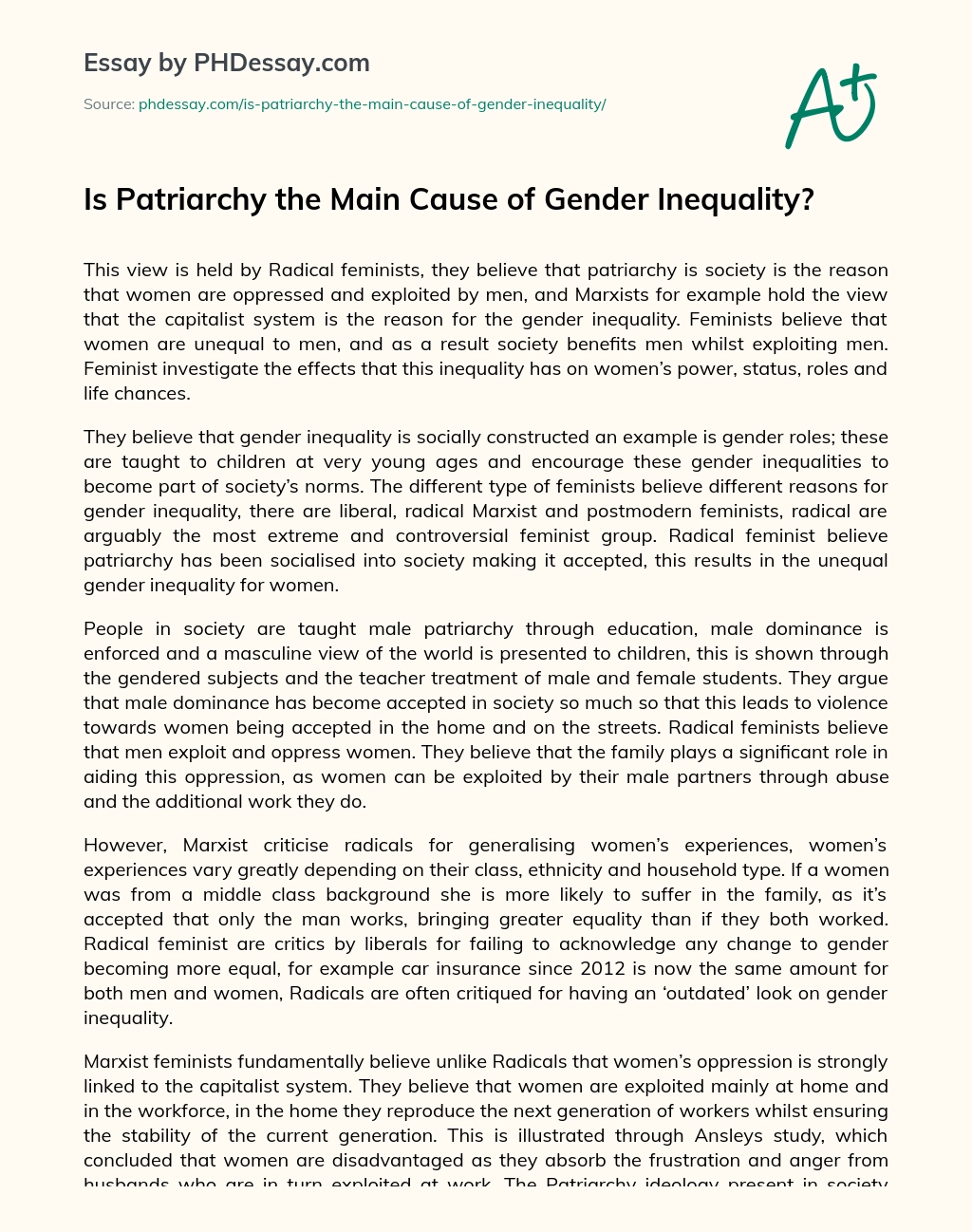 Is Patriarchy the Main Cause of Gender Inequality? essay