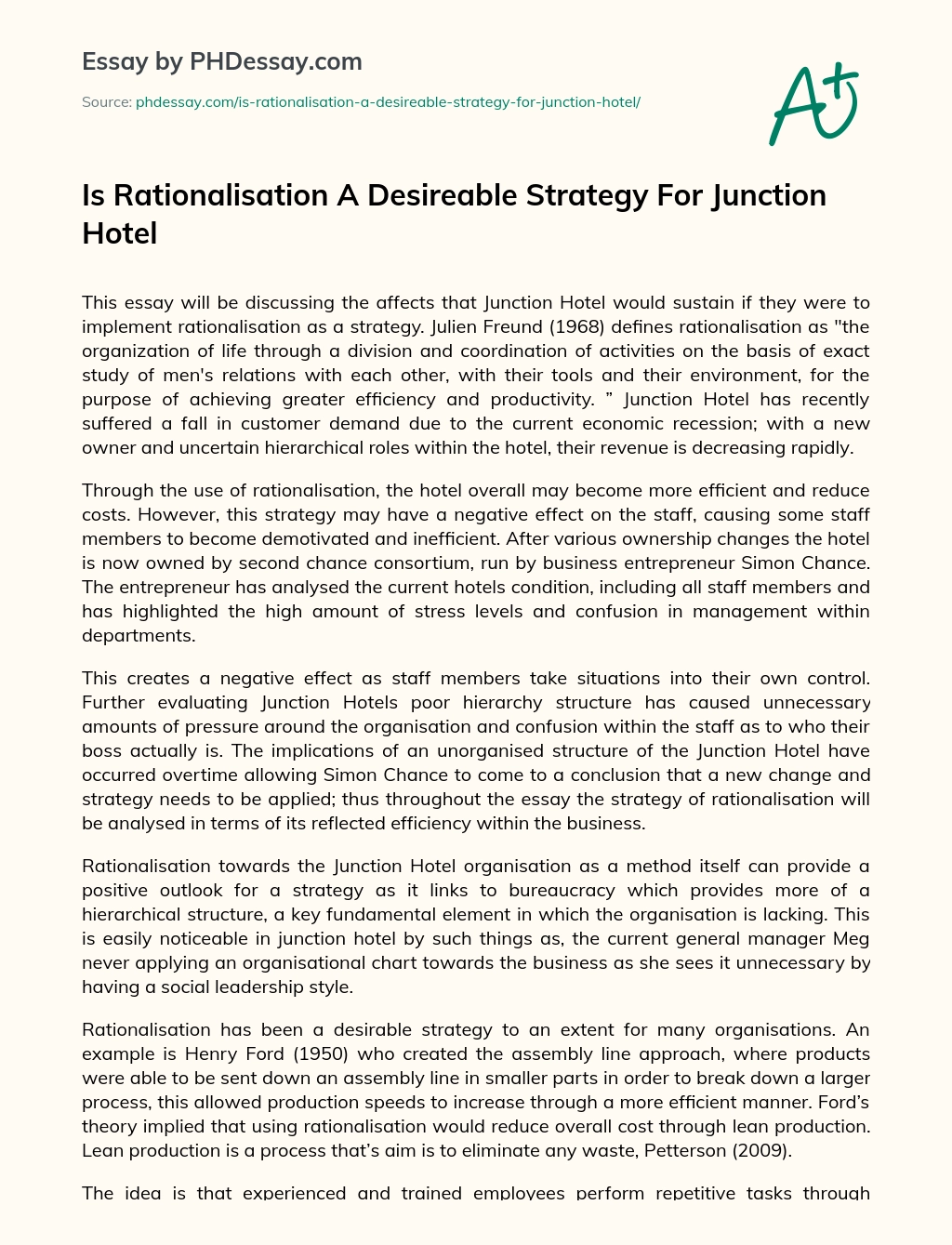 Is Rationalisation A Desireable Strategy For Junction Hotel essay