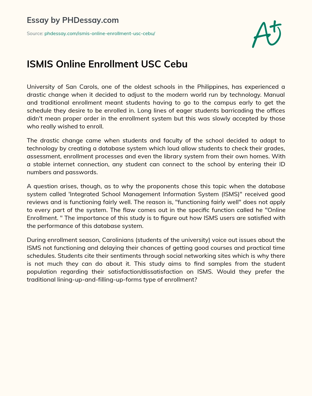 ISMIS Online Enrollment USC Cebu essay